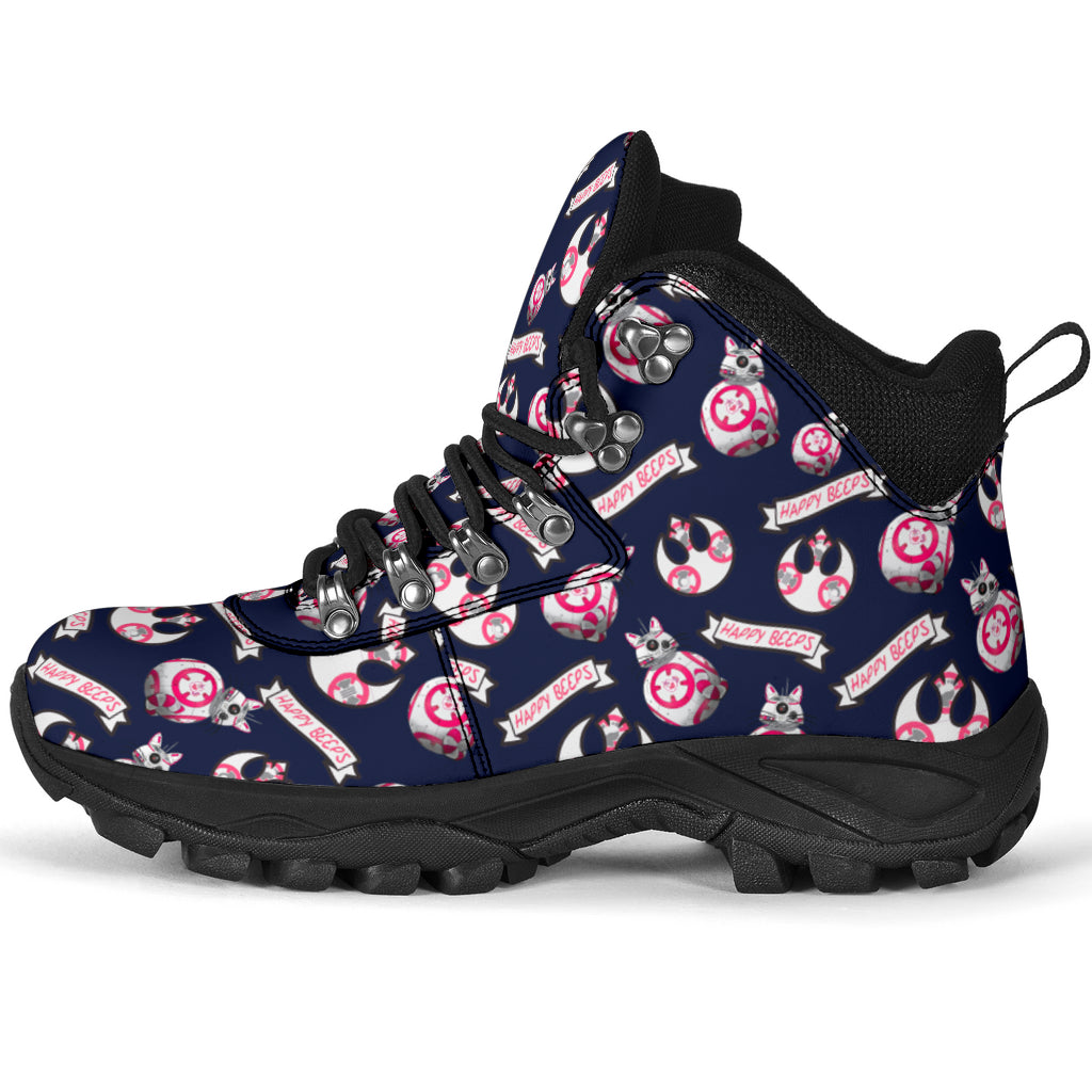 Happy Beeps Cat as a droid hiking boots