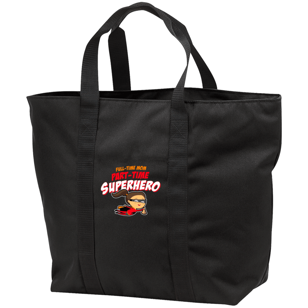 Designs by MyUtopia Shout Out:Full-time Mom Part-Time Superhero All Purpose Tote Bag w Zipper Closure and side pocket,Black/Black / One Size,Totebag