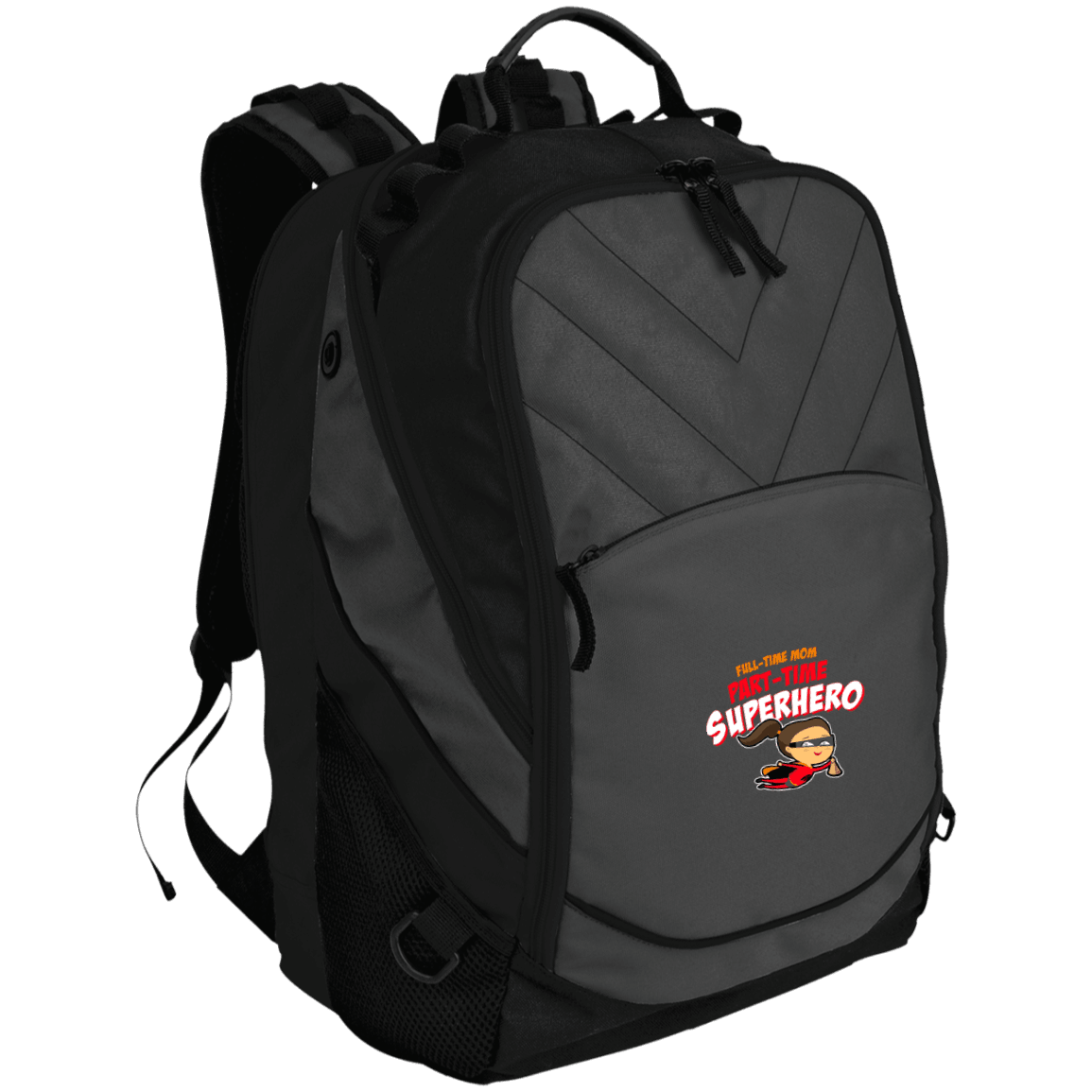 Designs by MyUtopia Shout Out:Full-time Mom Part-Time Superhero Laptop Computer Backpack,Dark Charcoal/Black / One Size,Backpacks