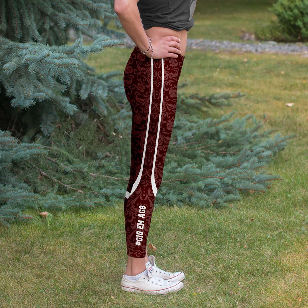 Designs by MyUtopia Shout Out:Gig Em Ags Texas Fan Fashion Leggings - Ladies Tights,Select Your Size / Maroon,Leggings - AOP