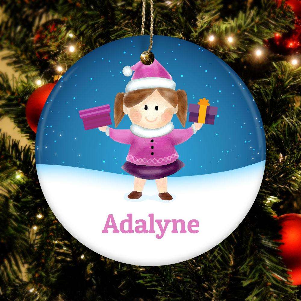 Designs by MyUtopia Shout Out:Girl with Christmas Gifts Christmas Personalized Ceramic Circle Ornament