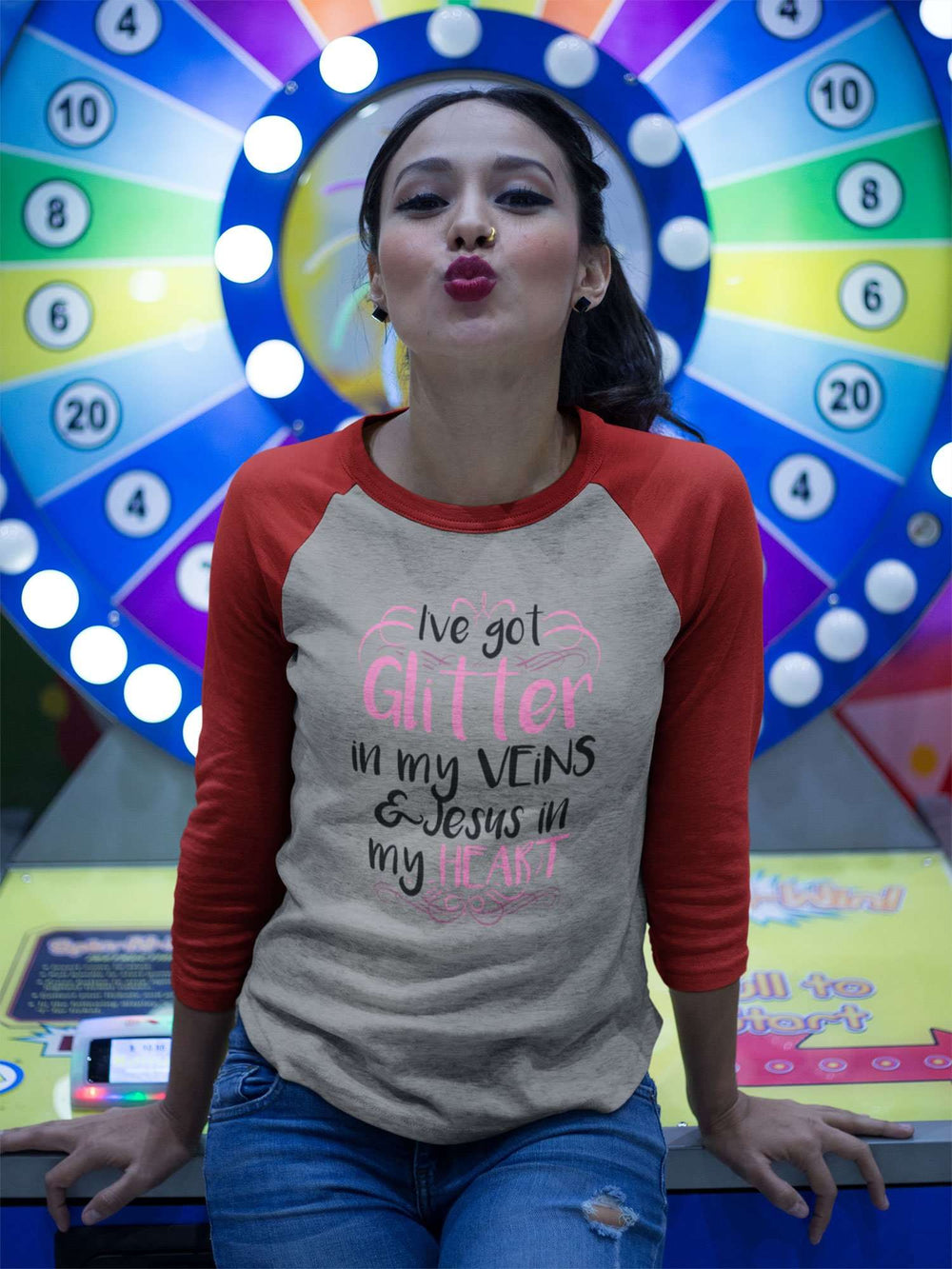 Designs by MyUtopia Shout Out:Glitter in my Veins Jesus in my Heart 3/4 Length Sleeve Color block Raglan Jersey T-Shirt