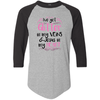 Load image into Gallery viewer, Designs by MyUtopia Shout Out:Glitter in my Veins Jesus in my Heart 3/4 Length Sleeve Color block Raglan Jersey T-Shirt,Athletic Heather/Black / S,Long Sleeve T-Shirts
