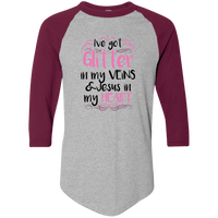 Load image into Gallery viewer, Designs by MyUtopia Shout Out:Glitter in my Veins Jesus in my Heart 3/4 Length Sleeve Color block Raglan Jersey T-Shirt,Athletic Heather/Maroon / S,Long Sleeve T-Shirts
