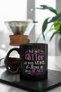 Load image into Gallery viewer, Designs by MyUtopia Shout Out:Glitter in my Veins Jesus in my Heart Ceramic Coffee Mug - Black,11 oz / Black,Ceramic Coffee Mug
