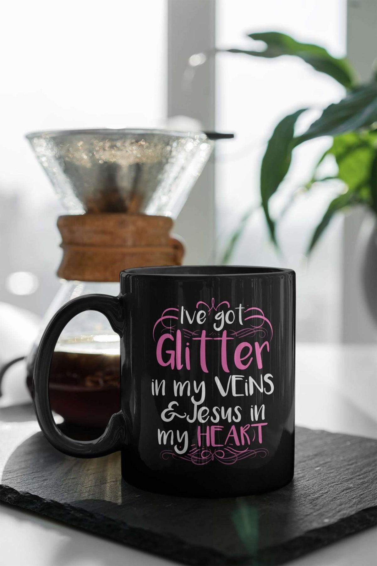 Designs by MyUtopia Shout Out:Glitter in my Veins Jesus in my Heart Ceramic Coffee Mug - Black,11 oz / Black,Ceramic Coffee Mug