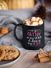 Load image into Gallery viewer, Designs by MyUtopia Shout Out:Glitter in my Veins Jesus in my Heart Ceramic Coffee Mug - Black
