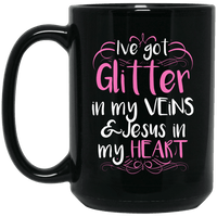 Load image into Gallery viewer, Designs by MyUtopia Shout Out:Glitter in my Veins Jesus in my Heart Ceramic Coffee Mug - Black,15 oz / Black,Ceramic Coffee Mug
