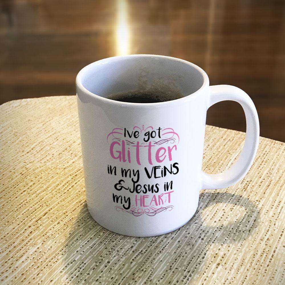 Designs by MyUtopia Shout Out:Glitter in my Veins Jesus in my Heart Ceramic Coffee Mug - White,11 oz / White,Ceramic Coffee Mug