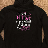 Load image into Gallery viewer, Designs by MyUtopia Shout Out:Glitter in my Veins Jesus in my Heart Core Fleece Pullover Hoodie,Jet Black / S,Pullover Hoodie

