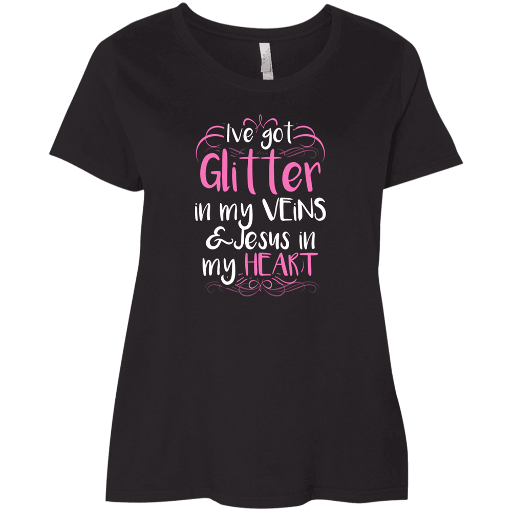 Designs by MyUtopia Shout Out:Glitter in my Veins Jesus in my Heart Ladies' Curvy Crew Neck Plus Size T-Shirt,Plus 1X / Black,Ladies T-Shirts
