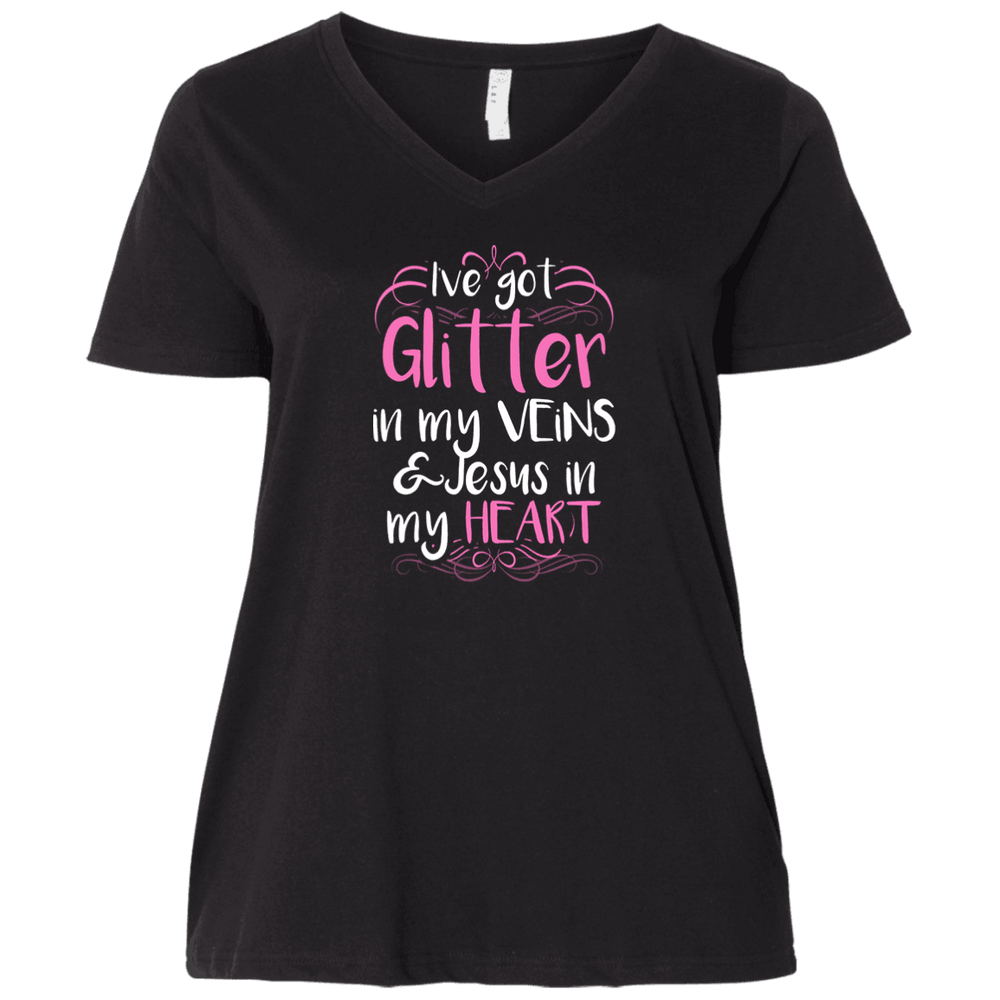 Designs by MyUtopia Shout Out:Glitter in my Veins Jesus in my Heart Ladies' Curvy V-Neck Plus Size T-Shirt,Plus 1X / Black,Ladies T-Shirts