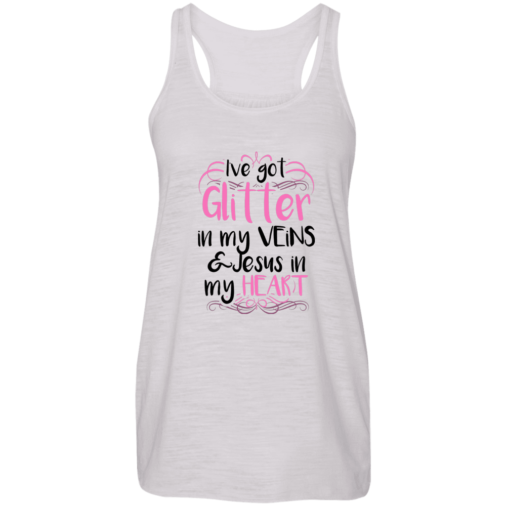 Designs by MyUtopia Shout Out:Glitter in my Veins Jesus in my Heart Ladies Flowy Racer-back Tank Top,Vintage White / X-Small,Tank Tops