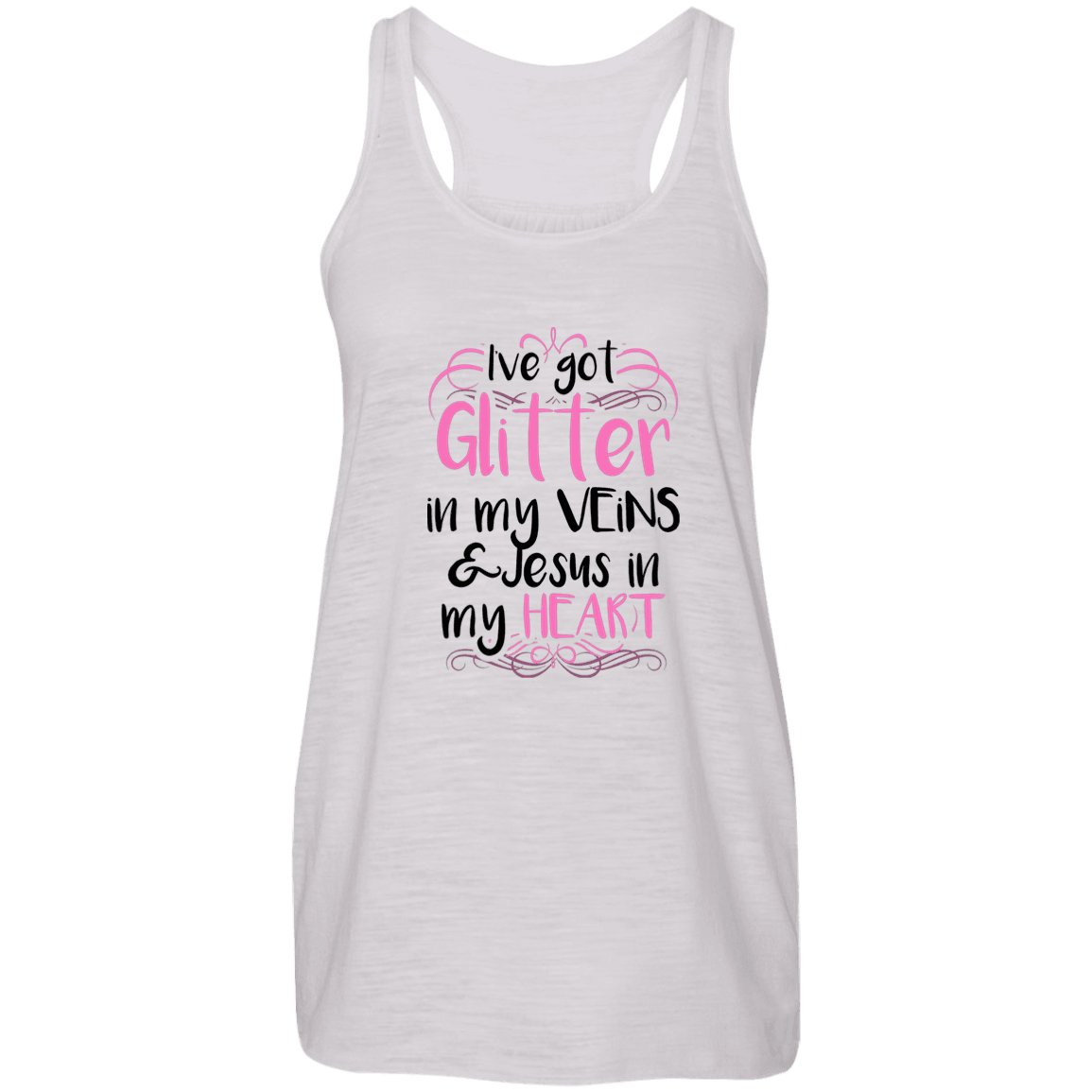Designs by MyUtopia Shout Out:Glitter in my Veins Jesus in my Heart Ladies Flowy Racer-back Tank Top,Vintage White / X-Small,Tank Tops