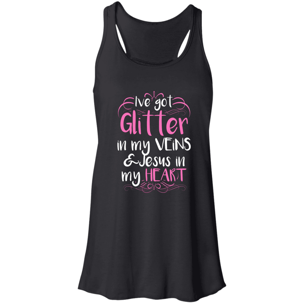 Designs by MyUtopia Shout Out:Glitter in my Veins Jesus in my Heart Ladies Flowy Racerback Tank,Black / X-Small,Tank Tops