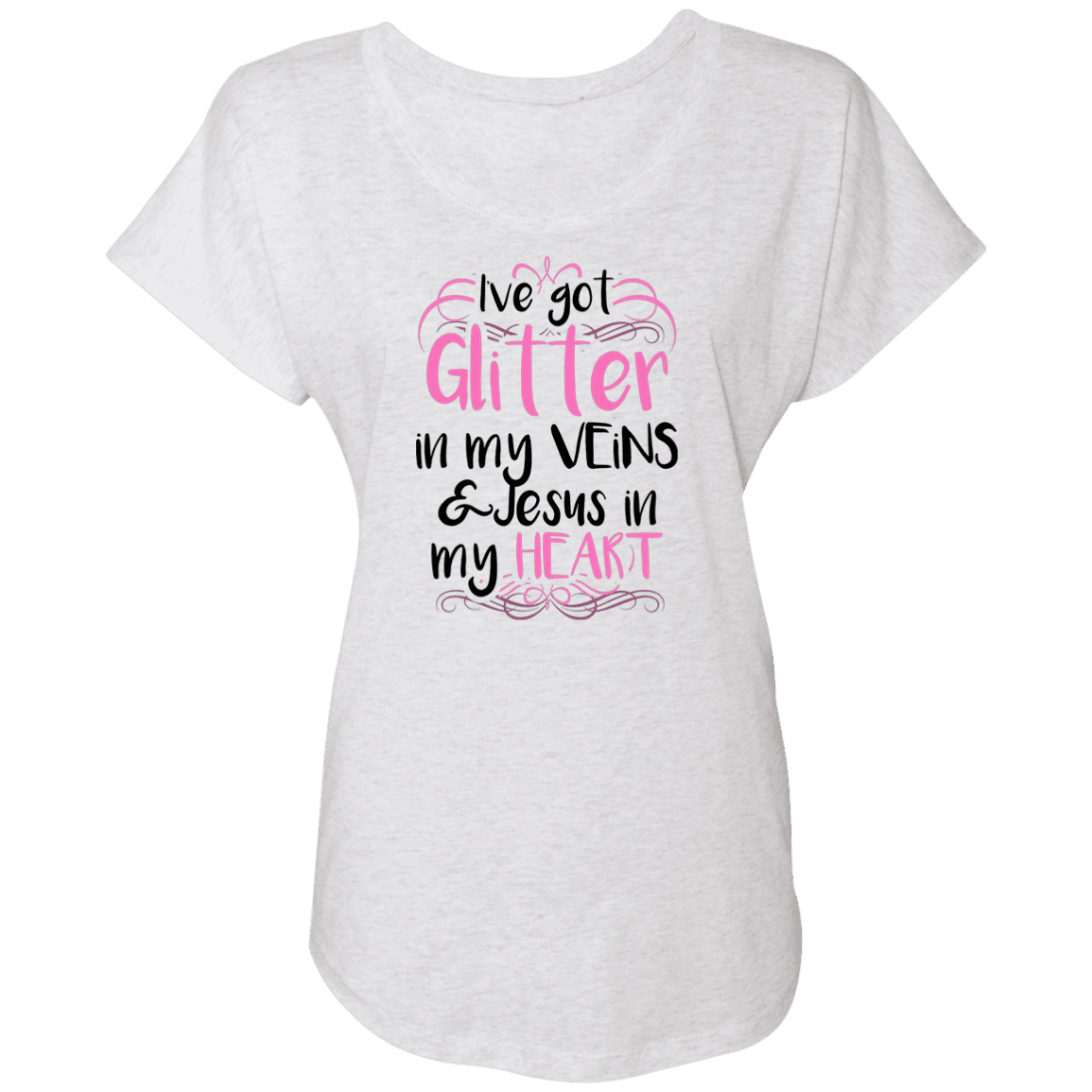 Designs by MyUtopia Shout Out:Glitter in my Veins Jesus in my Heart Ladies' Triblend Dolman Shirt,X-Small / Heather White,Ladies T-Shirts