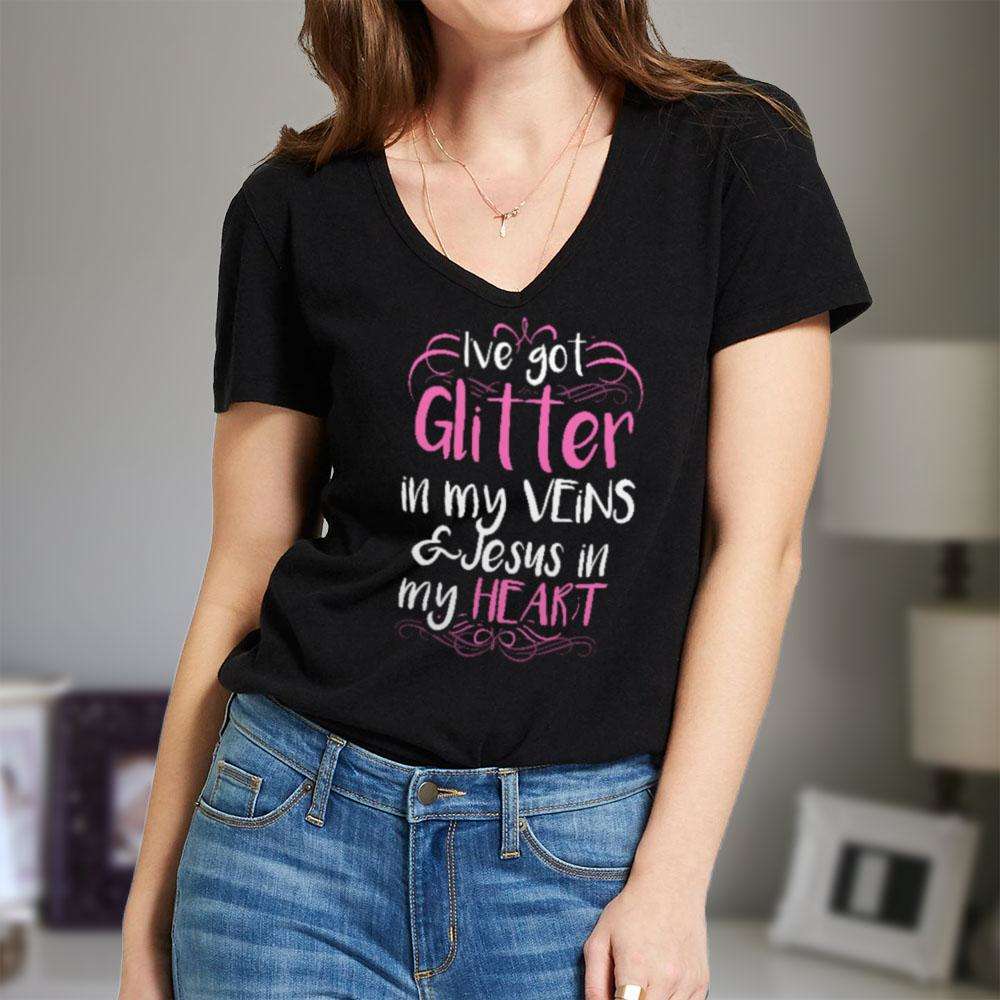 Designs by MyUtopia Shout Out:Glitter in my Veins Jesus in my Heart Ladies' V-Neck T-Shirt