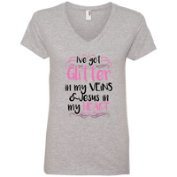 Load image into Gallery viewer, Designs by MyUtopia Shout Out:Glitter in my Veins Jesus in my Heart Ladies&#39; V-Neck T-Shirt,Heather Grey / S,Ladies T-Shirts
