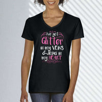Load image into Gallery viewer, Designs by MyUtopia Shout Out:Glitter in my Veins Jesus in my Heart Ladies&#39; V-Neck T-Shirt
