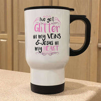 Load image into Gallery viewer, Designs by MyUtopia Shout Out:Glitter in my Veins Jesus in my Heart Travel Mug
