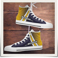 Load image into Gallery viewer, Designs by MyUtopia Shout Out:#GoBlue Michigan Canvas High Top Shoes,Men&#39;s / Men&#39;s US 8 (EU40) / White/Blue/Yellow,High Top Sneakers

