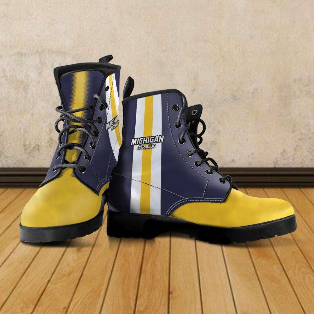 Designs by MyUtopia Shout Out:#GoBlue Michigan Faux Leather 7 eye Lace-up Boots,Men's / US5 (EU38) / Blue/Yellow,Lace-up Boots