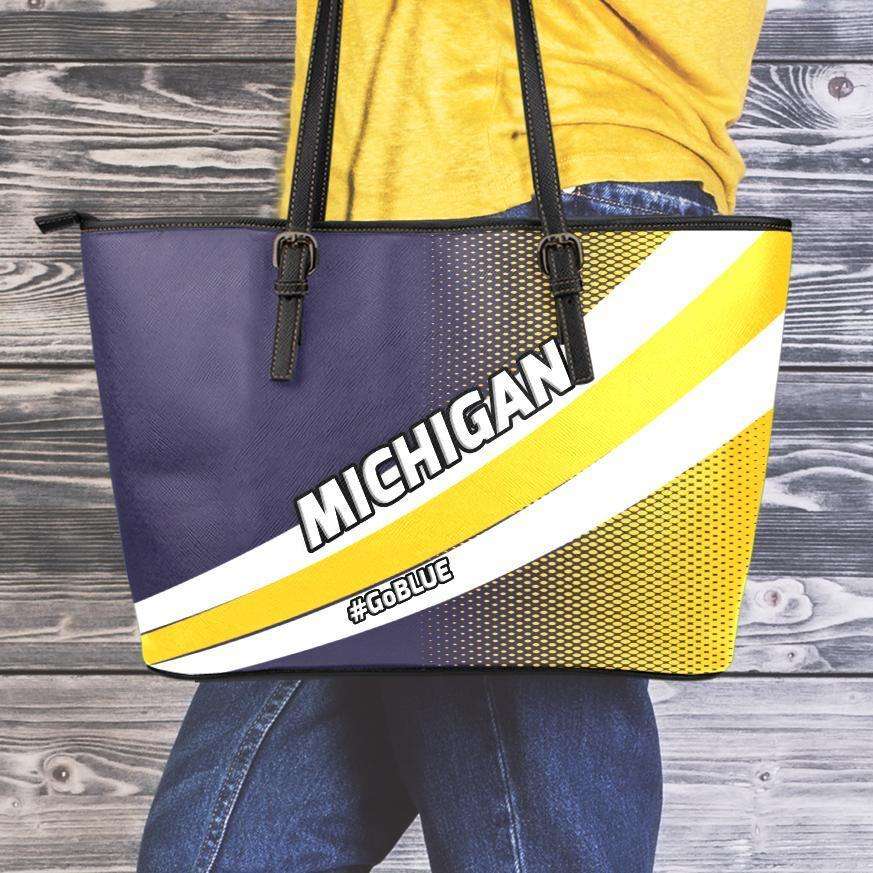 Designs by MyUtopia Shout Out:#GoBlue Michigan Faux Leather Totebag Purse,Medium (10 x 16 x 5) / Black/Yellow/Blue,tote bag purse