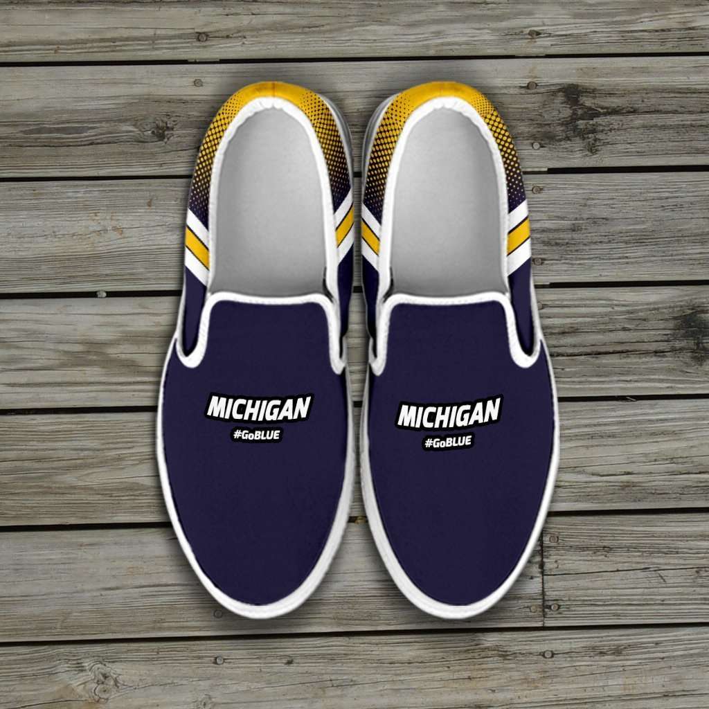 Designs by MyUtopia Shout Out:#GoBlue Michigan Slip-on Shoes,Men's / Men's US8 (EU40) / Blue/Yellow,Slip on sneakers