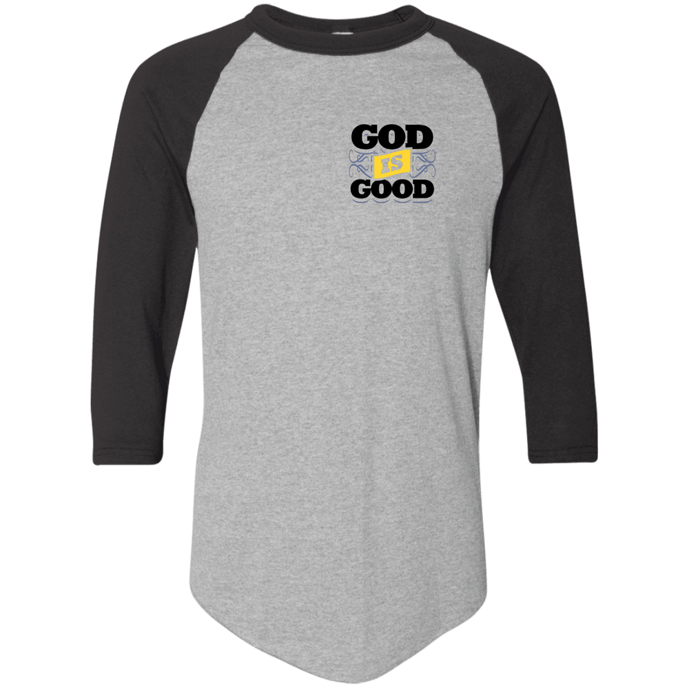 Designs by MyUtopia Shout Out:God Is Good 3/4 Length Sleeve Color block Raglan Jersey T-Shirt,Athletic Heather/Black / S,Long Sleeve T-Shirts