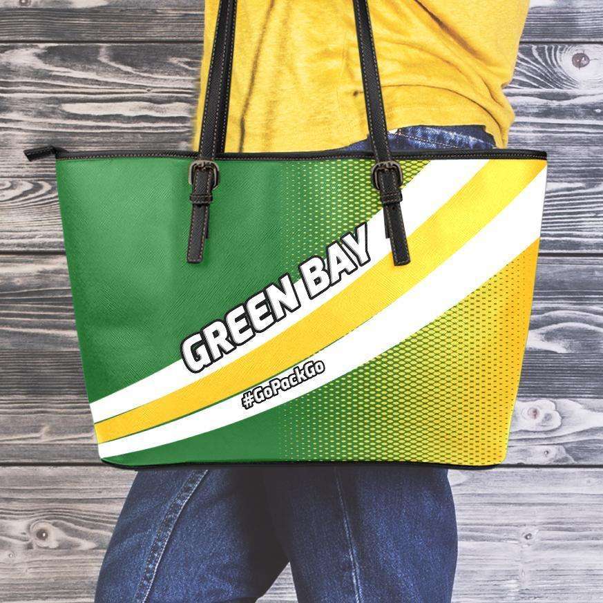 Designs by MyUtopia Shout Out:#GoPackGo Green Bay Faux Leather Totebag Purse,Medium (10 x 16 x 5) / White/Green/Yellow,tote bag purse