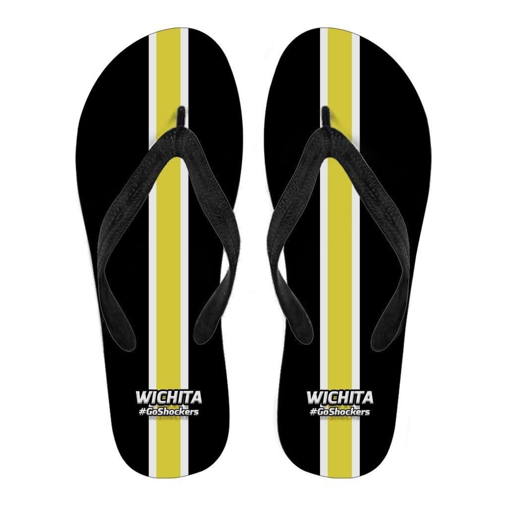 Designs by MyUtopia Shout Out:#GoShockers Wichita Flip Flops,Men's / Men's Small (US 7-8 /EU 40-42) / Black/Yellow,Flip Flops