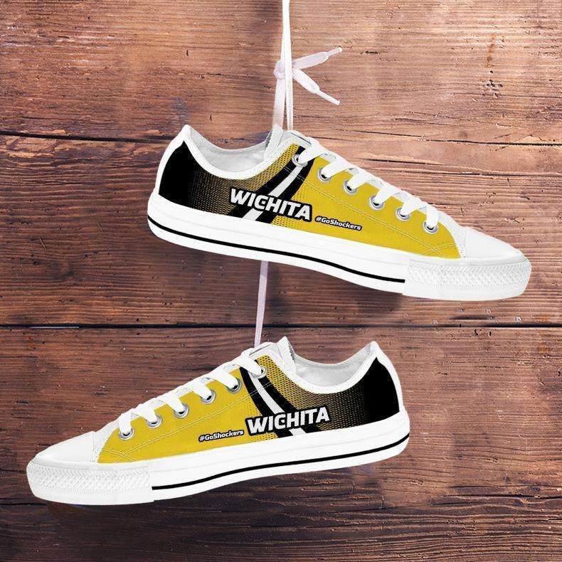 Designs by MyUtopia Shout Out:#GoShockers Wichita Lowtop Shoes,Mens Low Top - White - Men's / US5 (EU38) / Yellow/Black,Lowtop Shoes