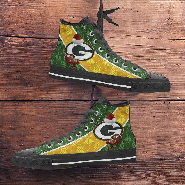 Designs by MyUtopia Shout Out:Green Bay Packers Christmas Football Pattern Canvas High Top Shoes - v2,Men's / Mens US 5 (EU38) / Green/Yellow,High Top Sneakers
