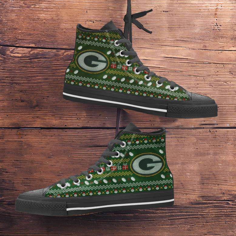 Designs by MyUtopia Shout Out:Green Bay Packers Ugly Christmas Style Canvas High Top Shoes,Men's / Mens US 5 (EU38) / Green,High Top Sneakers