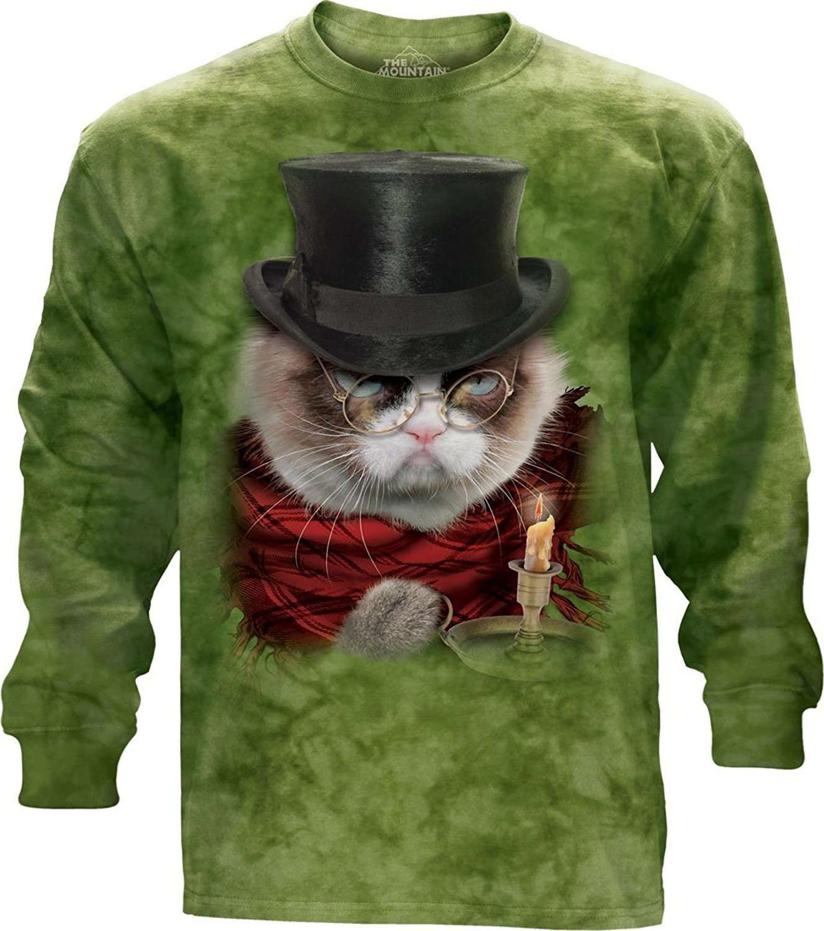 Designs by MyUtopia Shout Out:Grumpy Cat Does Christmas as Grumpenezer Scrooge Tee Shirt by the Mountain,Long Sleeve / Holiday Green / Small,Adult Unisex T-Shirt