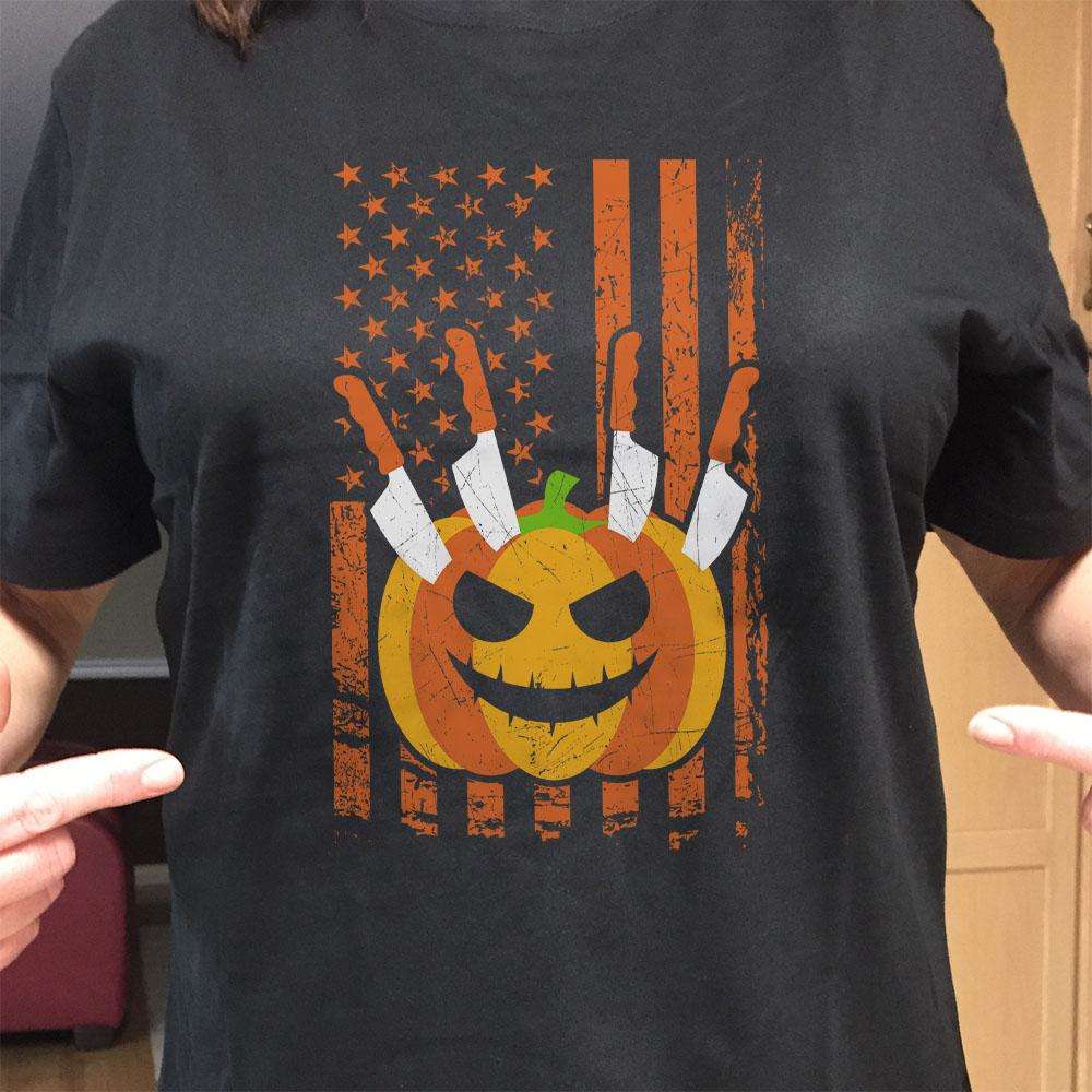 Designs by MyUtopia Shout Out:Halloween American Flag Adult Unisex Cotton Short Sleeve T-Shirt