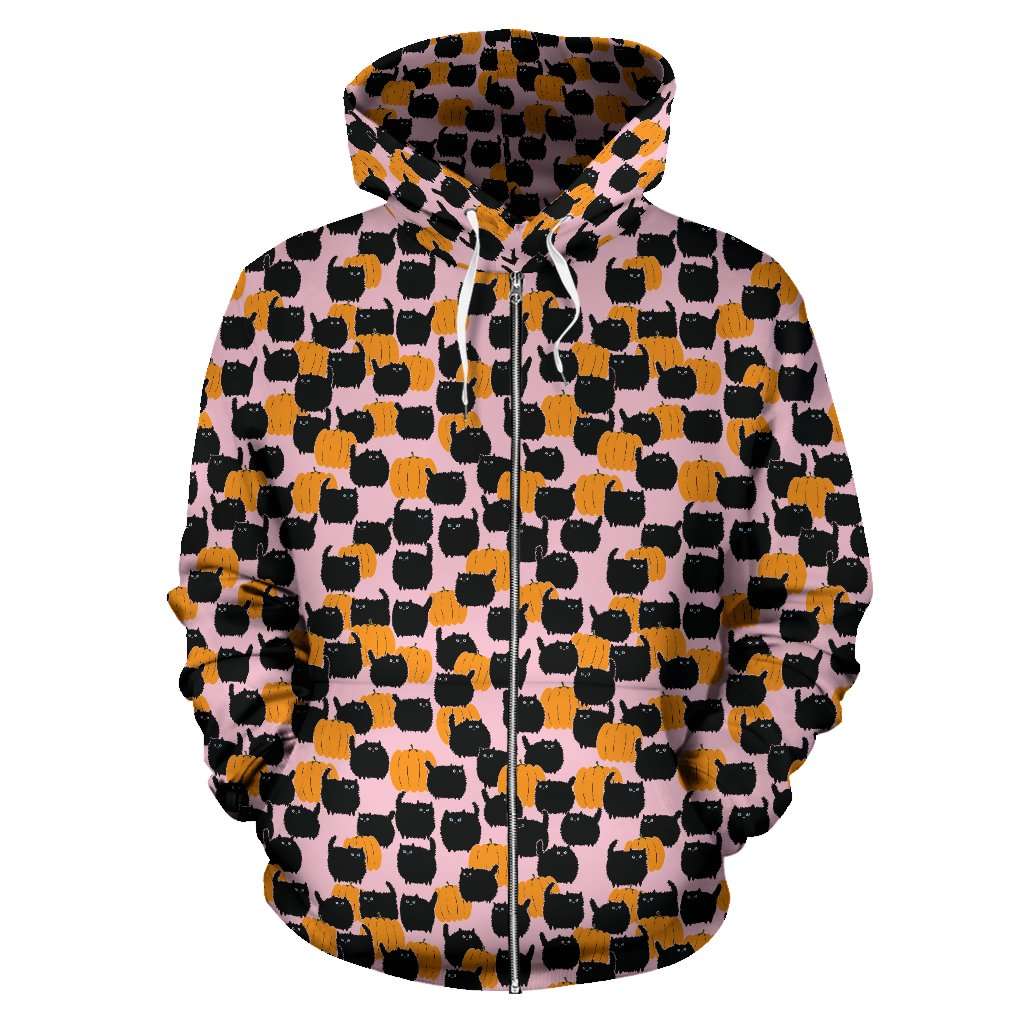 Designs by MyUtopia Shout Out:Halloween Black Cats and Pumpkins Zip Hoodie Pink,Men's Zip-Up Hoodie - Pink / S / Pink,Zip Hoodie