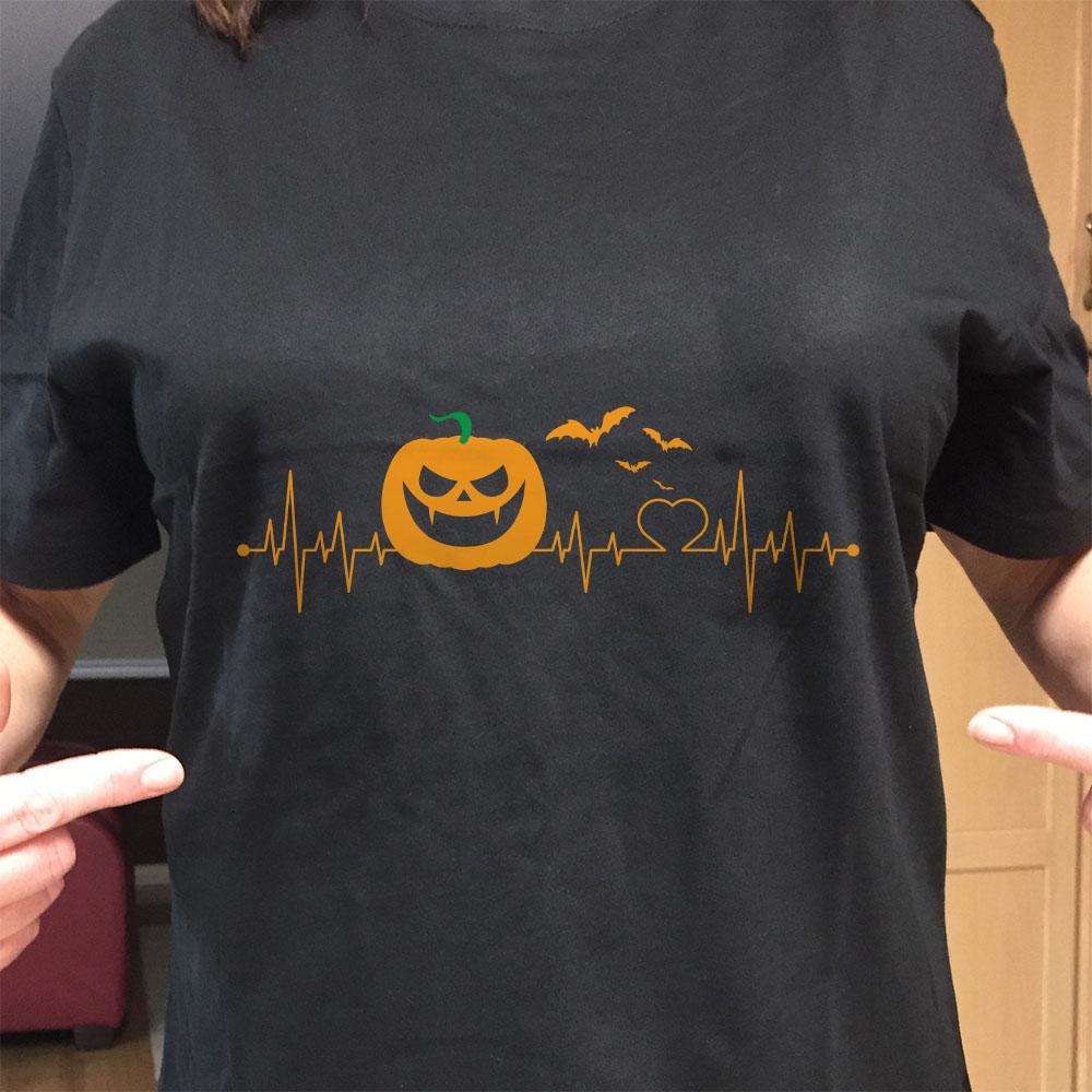 Designs by MyUtopia Shout Out:Halloween Pumpkin Heartbeat Adult Unisex Cotton Short Sleeve T-Shirt