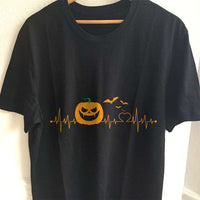 Load image into Gallery viewer, Designs by MyUtopia Shout Out:Halloween Pumpkin Heartbeat Adult Unisex Cotton Short Sleeve T-Shirt,S / Black,Adult Unisex T-Shirt
