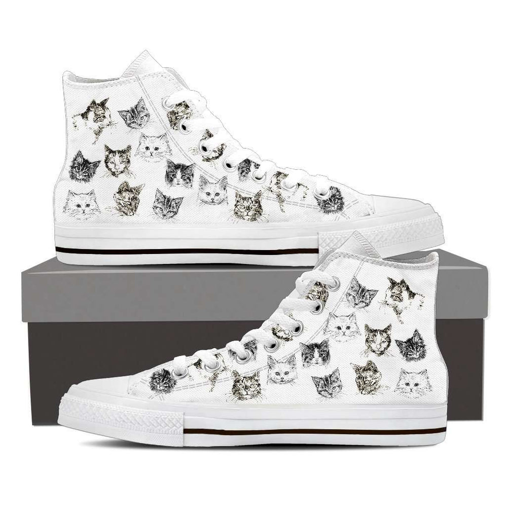 Designs by MyUtopia Shout Out:Hand Drawn Cats Women's Canvas High Top Shoes,Ladies 6 (EU36) / Black & White,High Top Sneakers