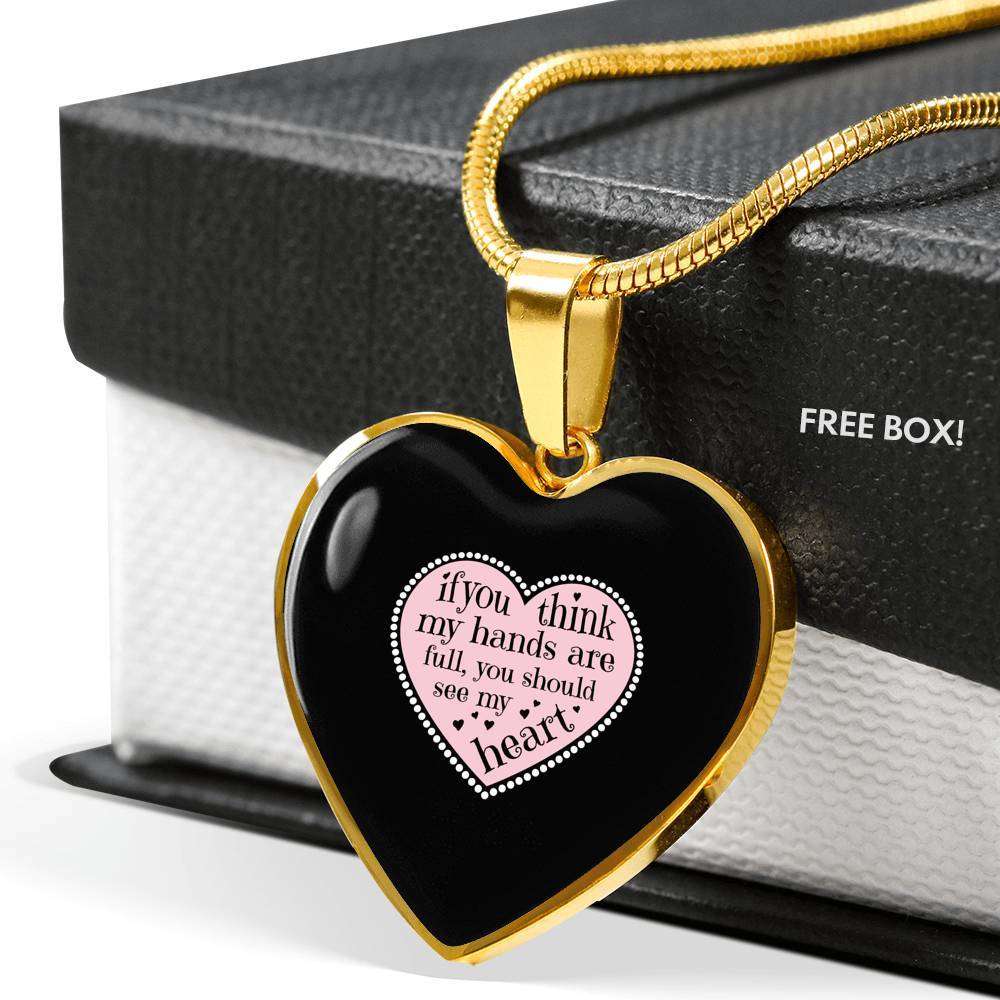 Designs by MyUtopia Shout Out:Hands are as Full as Mom's Heart Engravable Keepsake Heart Necklace - Black