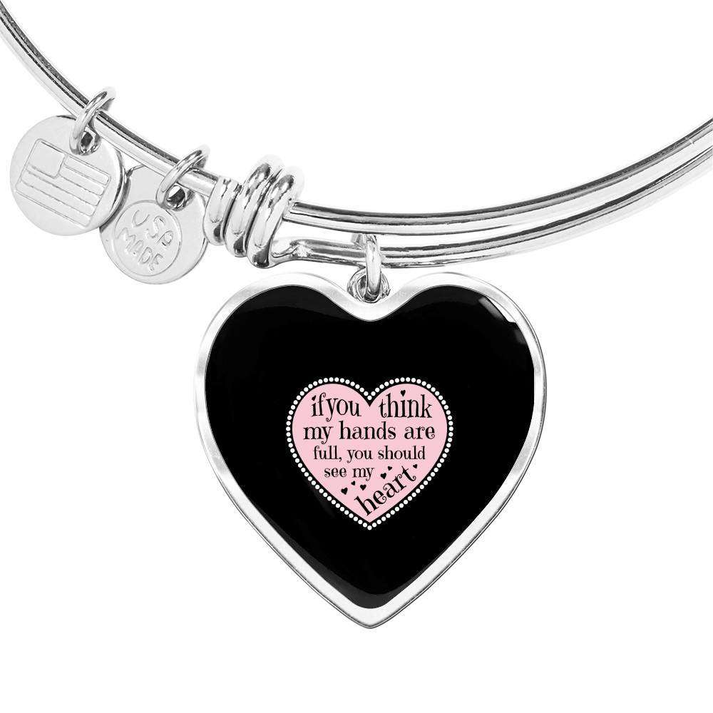 Designs by MyUtopia Shout Out:Hands are as Full as Mom's Heart Handcrafted Pendant Wire Bracelet Optional Message Engraved on back Personalized Gift For Her,Silver / No,Heart Pendant Wire Bracelet