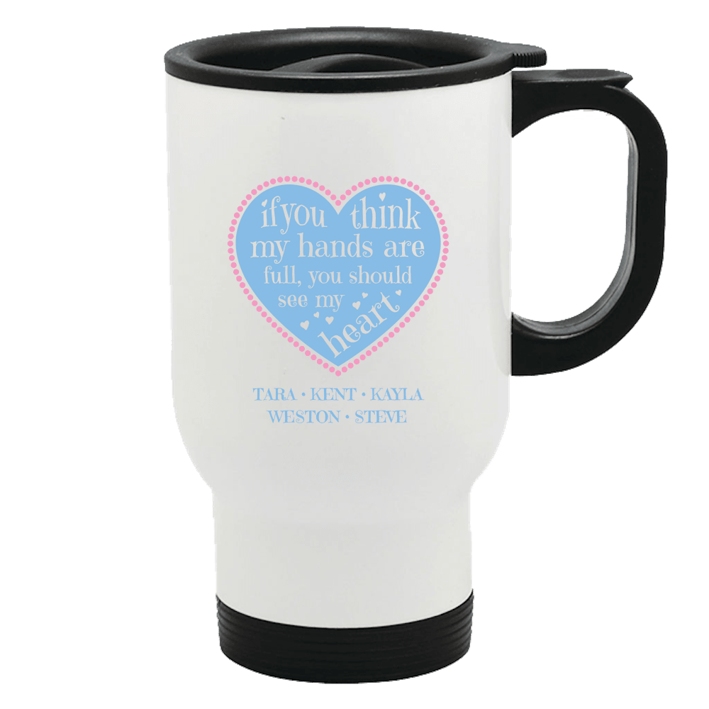Designs by MyUtopia Shout Out:Hands are as Full as Mom's Heart Personalized with Kid's Names 14 oz Stainless Steel Travel Coffee Mug w. Twist Close Lid,Default Title,Travel Mug
