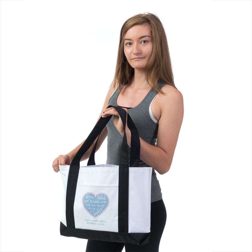 Designs by MyUtopia Shout Out:Hands are as Full as Mom's Heart Personalized with Kid's Names Gym Totebag