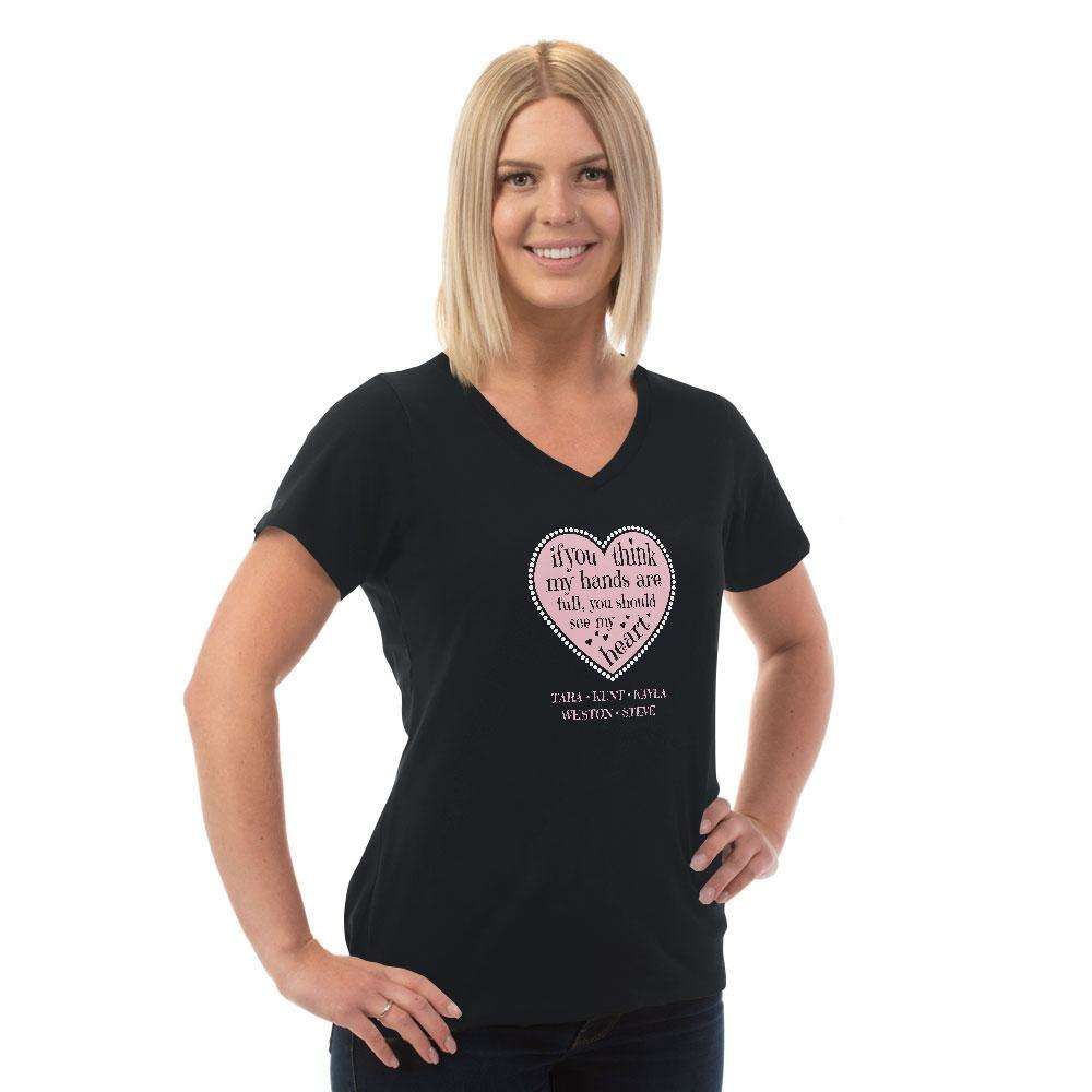 Designs by MyUtopia Shout Out:Hands are as Full as Mom's Heart Personalized with Kid's Names Ladies V Neck Tee