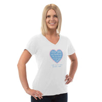 Load image into Gallery viewer, Designs by MyUtopia Shout Out:Hands are as Full as Mom&#39;s Heart Personalized with Kid&#39;s Names Ladies V Neck Tee
