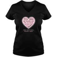 Load image into Gallery viewer, Designs by MyUtopia Shout Out:Hands are as Full as Mom&#39;s Heart Personalized with Kid&#39;s Names Ladies V Neck Tee,Black / S,Ladies T-Shirts
