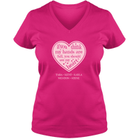 Load image into Gallery viewer, Designs by MyUtopia Shout Out:Hands are as Full as Mom&#39;s Heart Personalized with Kid&#39;s Names Ladies V Neck Tee,Cyber Pink / S,Ladies T-Shirts
