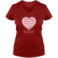 Load image into Gallery viewer, Designs by MyUtopia Shout Out:Hands are as Full as Mom&#39;s Heart Personalized with Kid&#39;s Names Ladies V Neck Tee,True Red / S,Ladies T-Shirts
