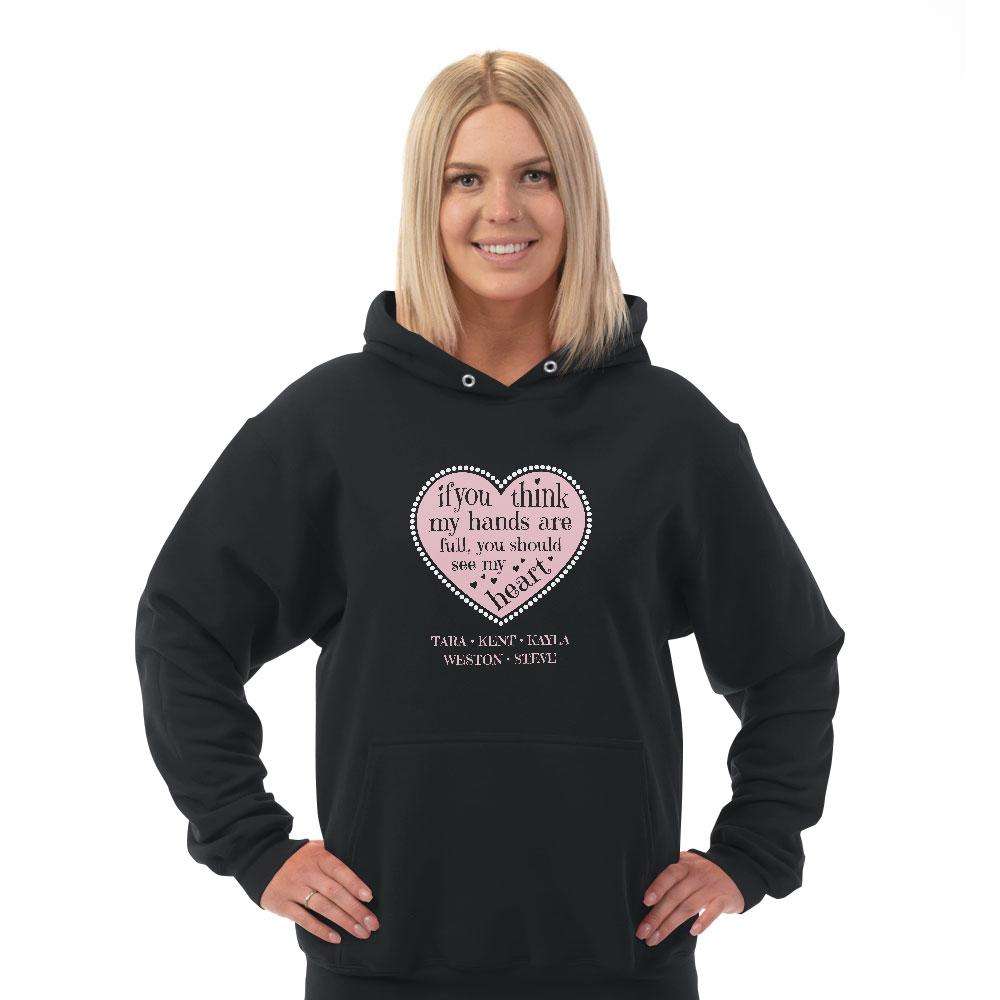 Designs by MyUtopia Shout Out:Hands are as Full as Mom's Heart Personalized with Kid's Names Pullover Hoodie
